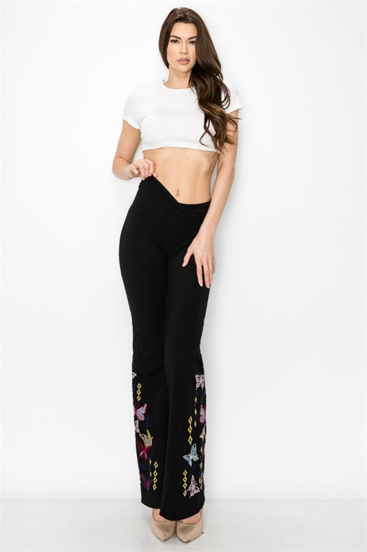 Butterfly Embroidered Bell Bottom Yoga Pants