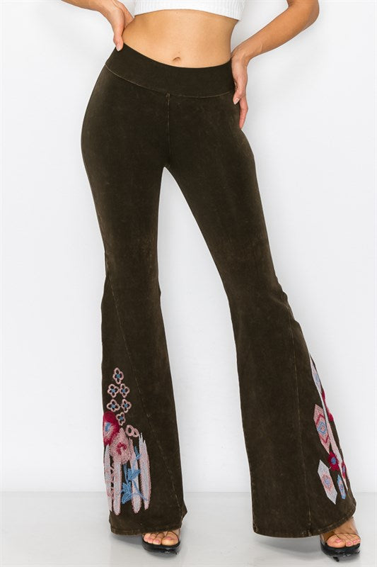Aztec and Floral Embroidery Flare Leg Foldover Waist Yoga Pants