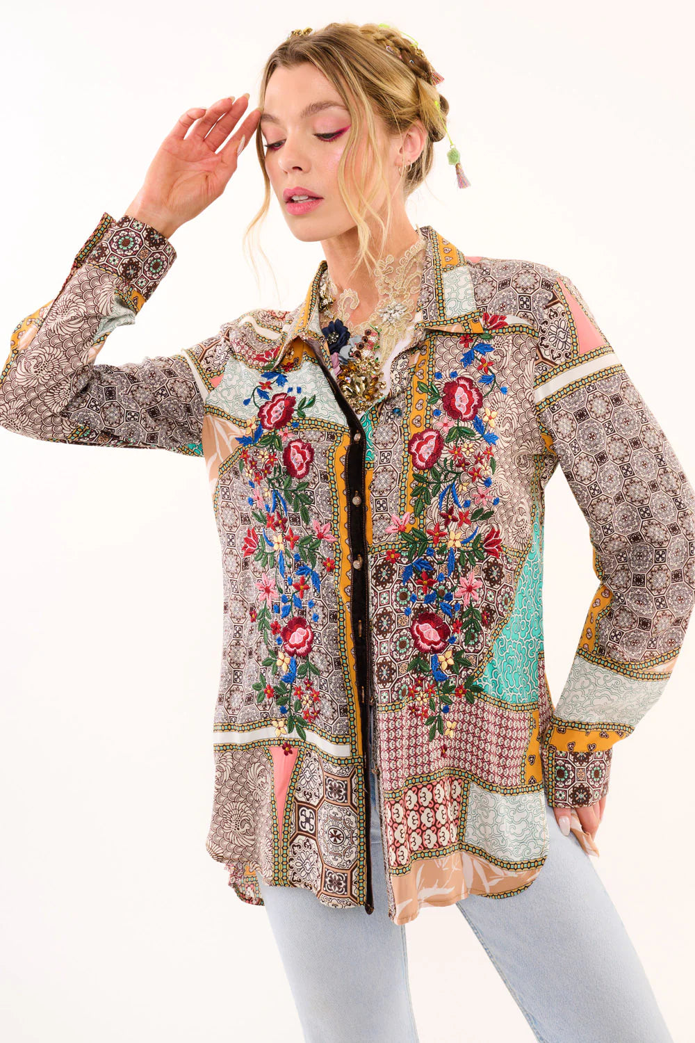 Sequin embroidered geo floral print button-down shirt