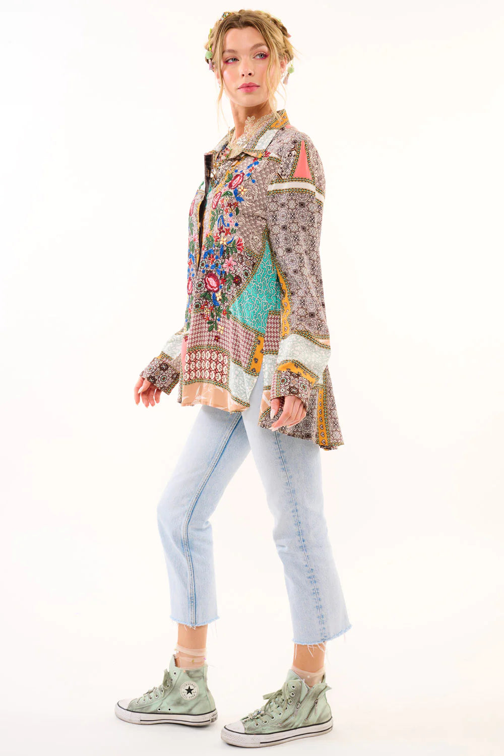 Sequin embroidered geo floral print button-down shirt