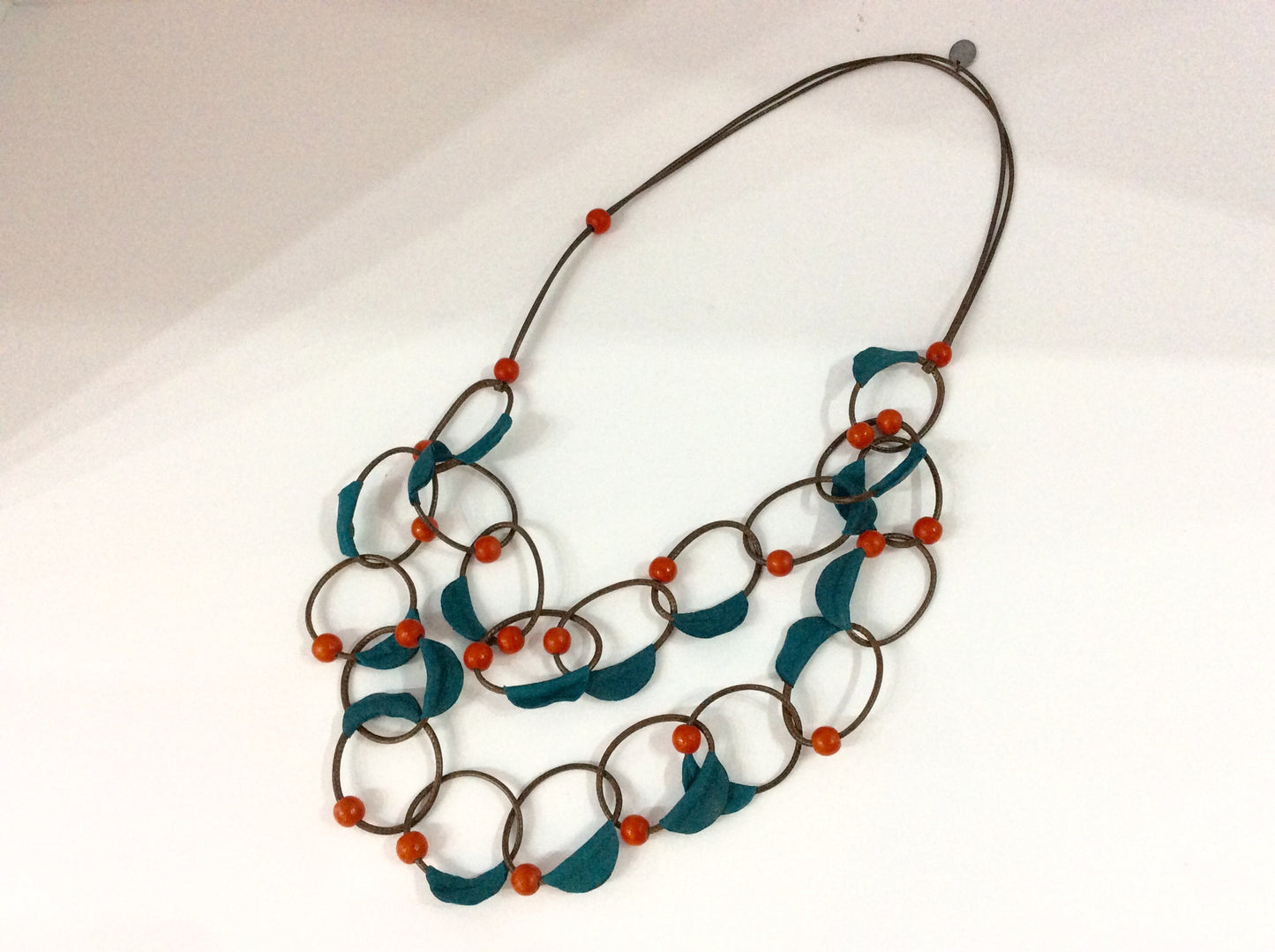 Necklace-Brown Italian Leather Double Cord with blue leather and red wooden beading