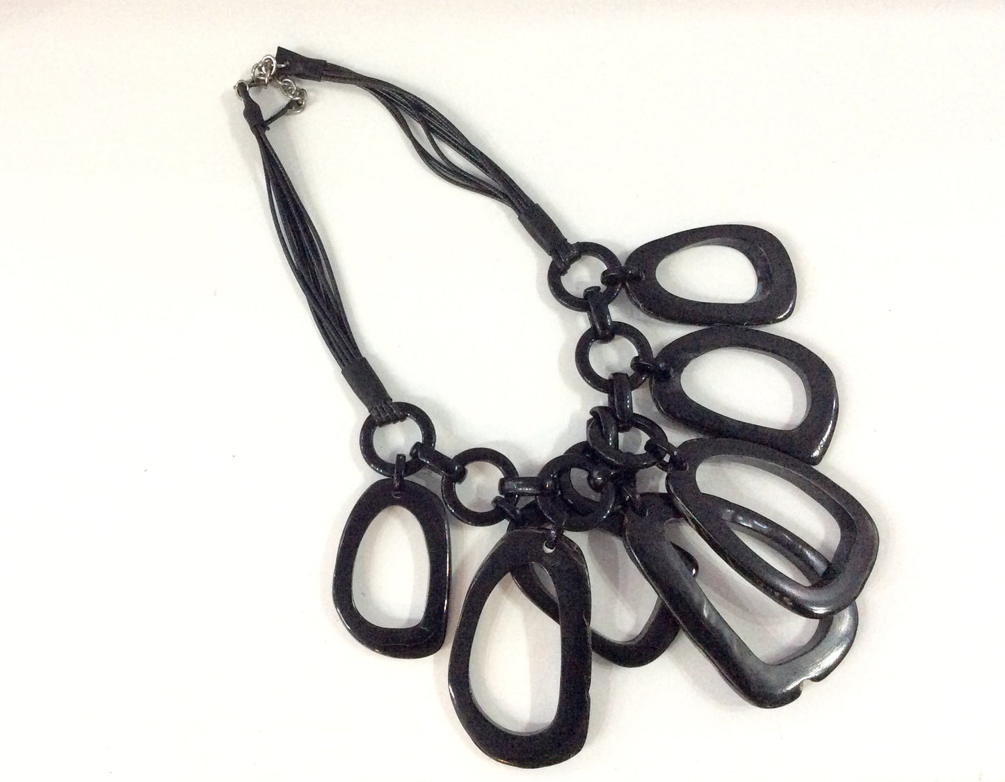 Necklace-Multi-Strand Black Italian Leather Cord with Acrylic and Bone Beading