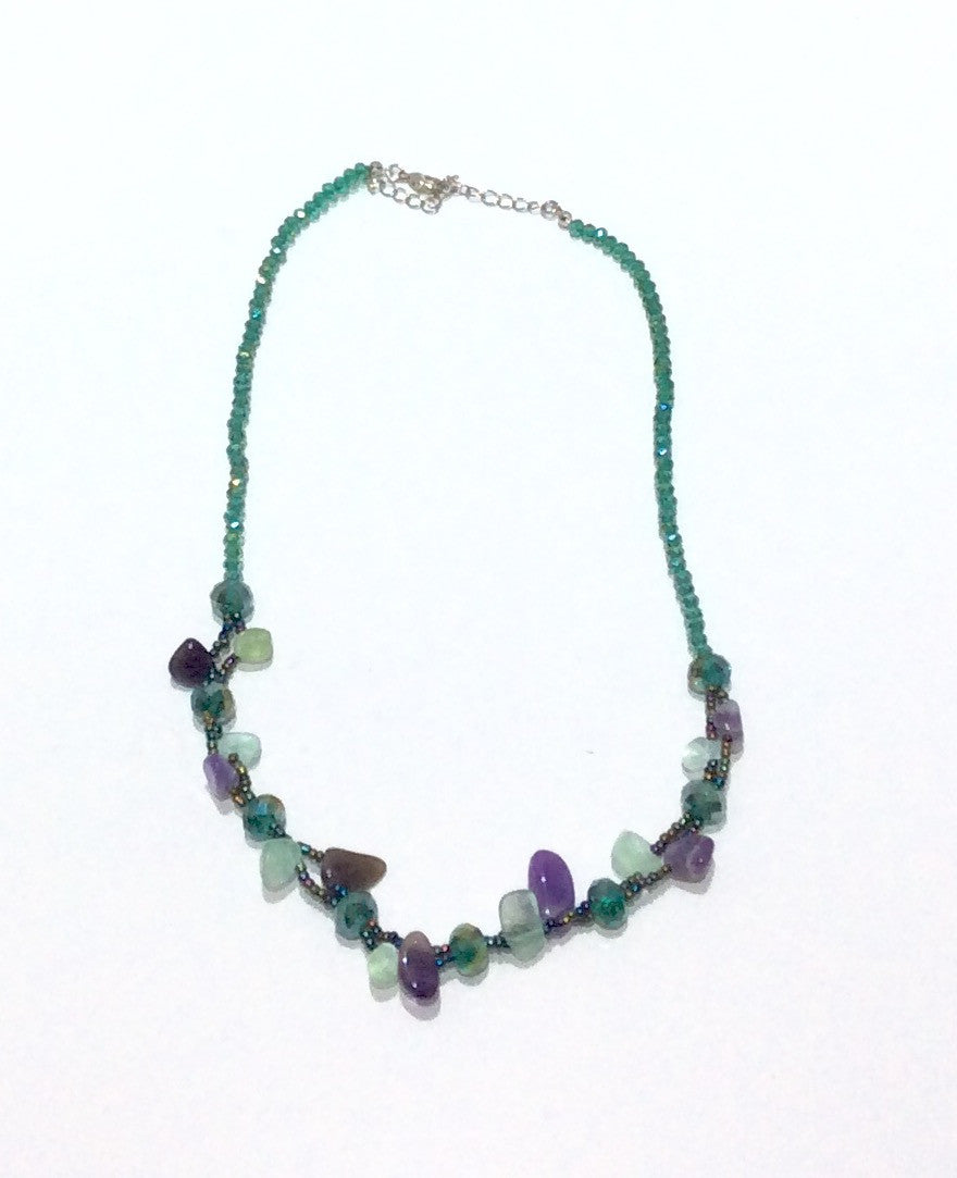 Necklace-Crystal beaded necklace in greens with amethyst, and non-precious stone beads