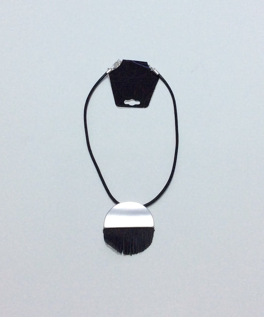 Necklace-single Black Leather cord with silver metal and black leather fringe bead