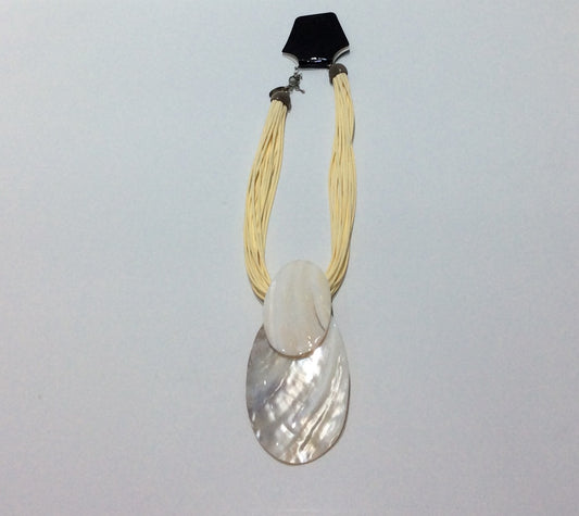 Necklace-Multi-strand ivory leather with polished shell beading