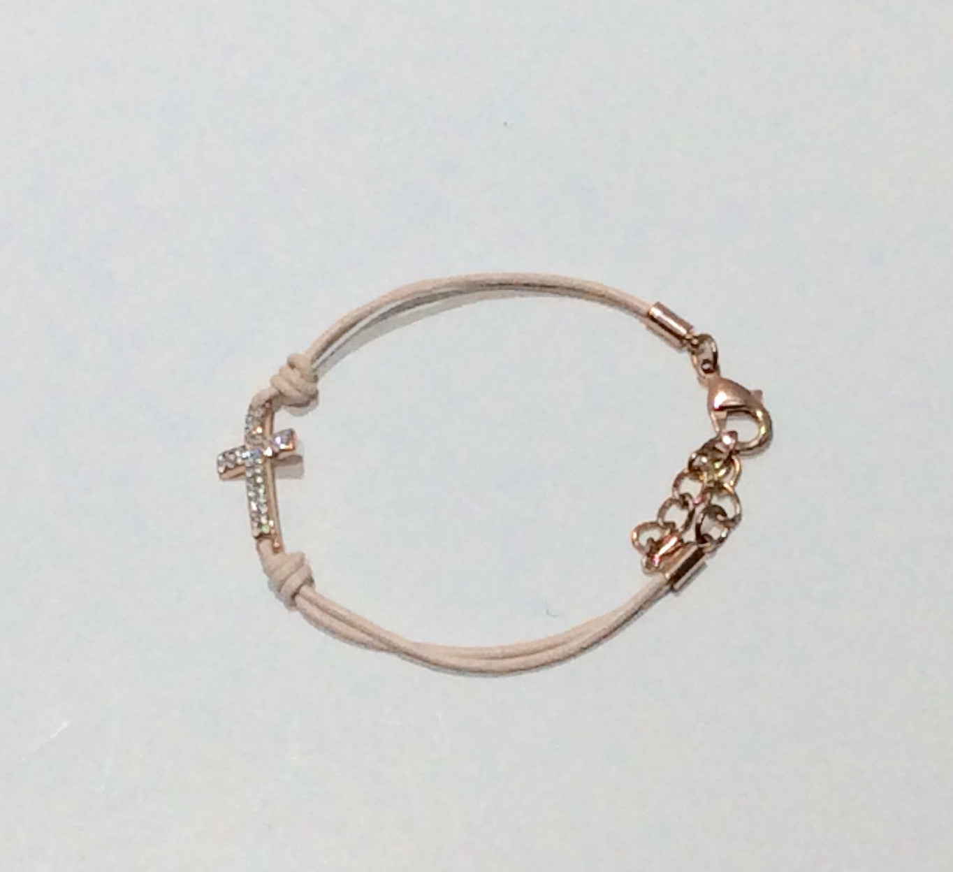 Bracelet-Double strand pale pink leather cord with crystal cross
