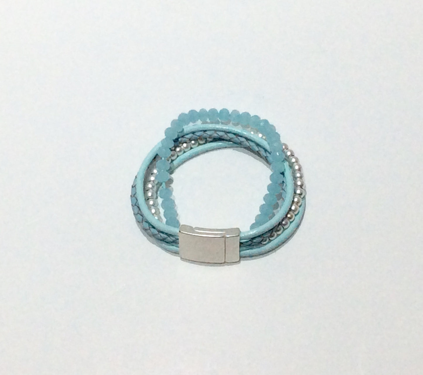 Bracelet-Pale blue leather and crystal bead 5 strand bracelet with magnetic clasp