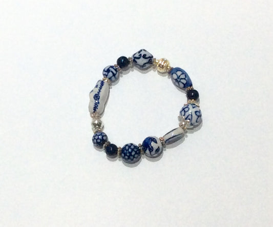 Bracelet-Delft like pattern hand painted porcelain with silver beads