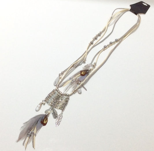Necklace-Multi-strand leather cord with feather, shell, silver and crystal decorative addition