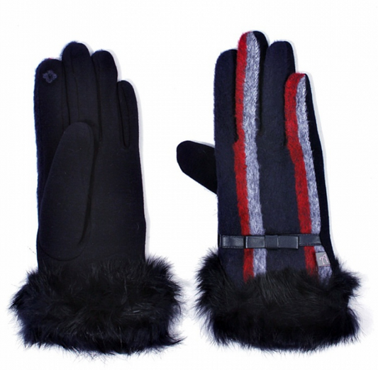 Rabbit Fur Cuff Striped Gloves