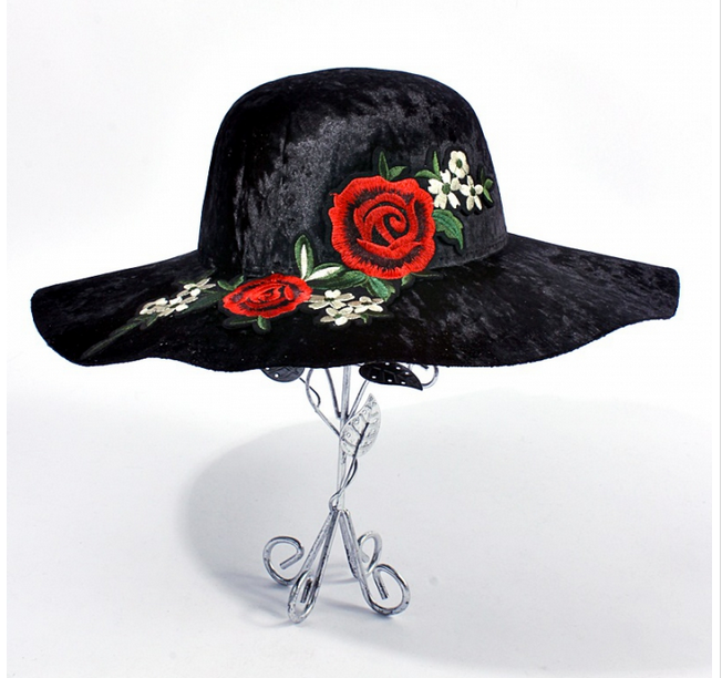 Rose Appliqued Wide Brimmed Hats