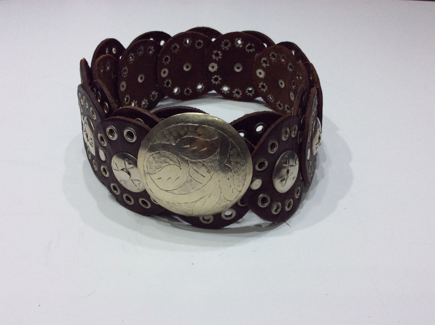 Belts-Wide Brown Leather Belt Formed by Concentric Circles with Engraved Silver Overlay, 2 1/2" Diameter Silver Buckle