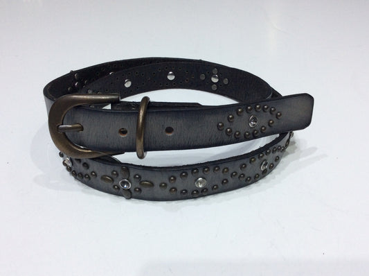 Belts-Medium Width Distressed Gray Leather Belt with Clear Crystal and Rubbed Bronze Embellishments