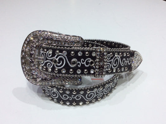 Belts-Wide Black Leather with Embroidery and Clear Crystal and Silver Stud Embellishment