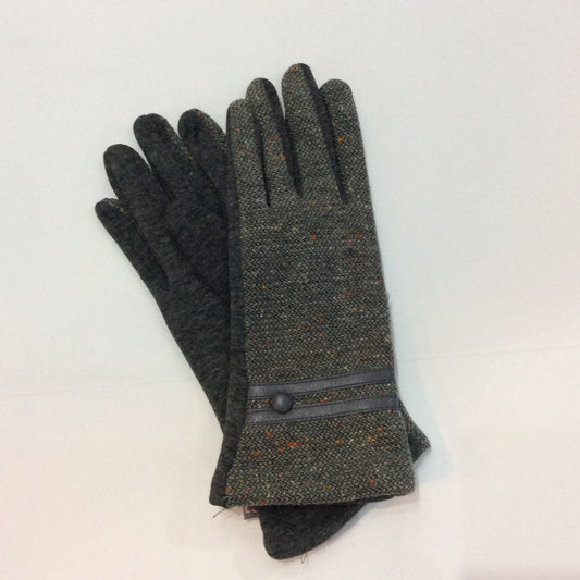 Grey tweed knit gloves with leather trim