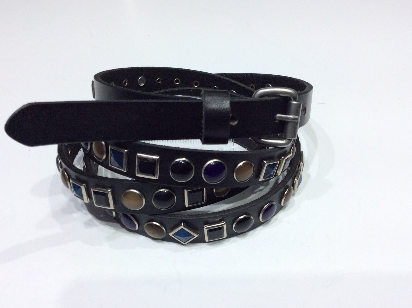 Belts-Narrow Width Double Wrap Leather Embellished with Colored Stones in Geometric Shapes
