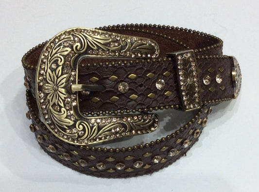 Belts-Wide Brown Leather with Bronze Crystal, Beading and Stud Embellishment