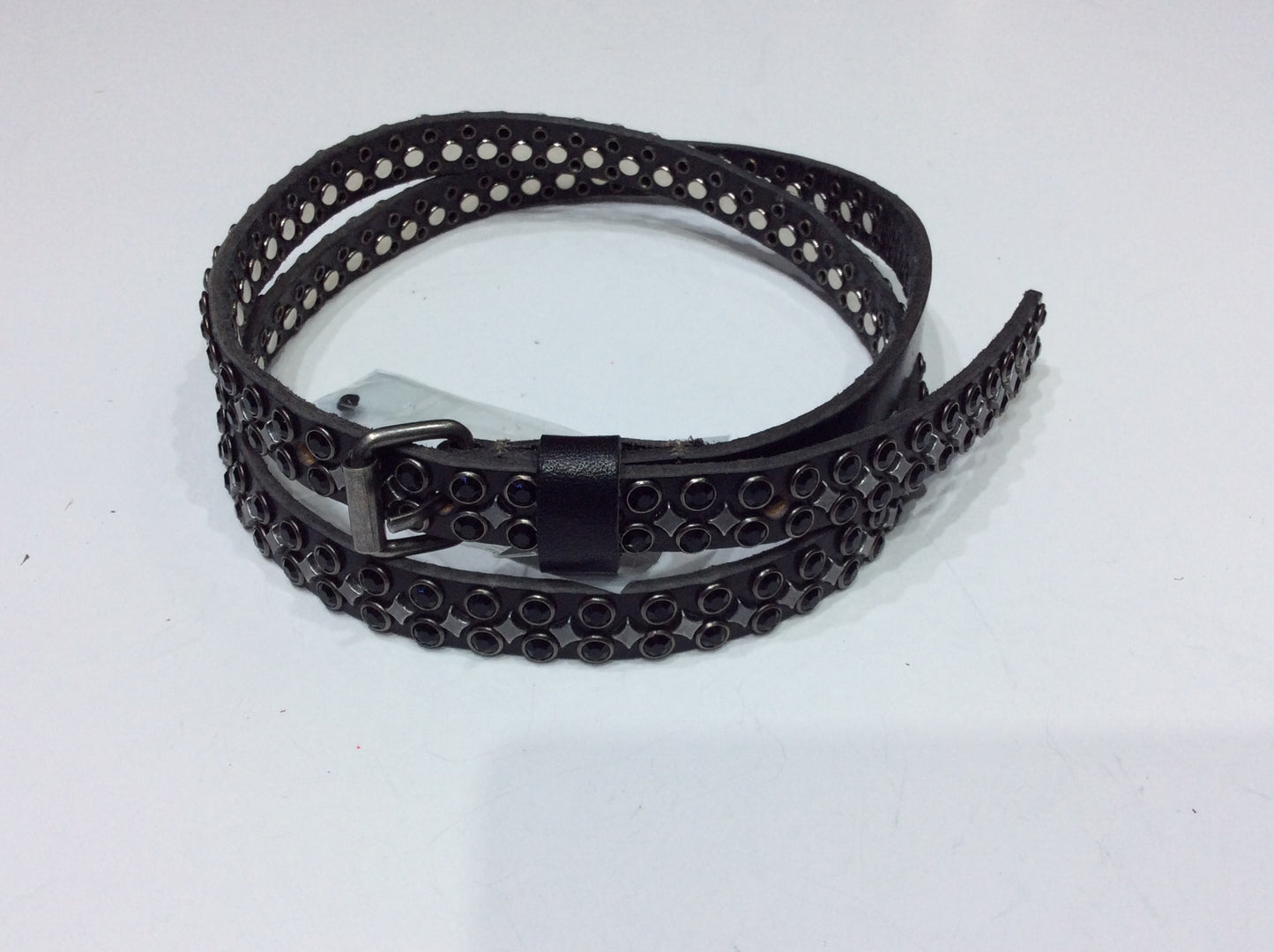 Belts-Narrow Width Black Leather with Black Crystals