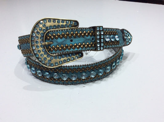 Belts-Wide Aqua Leather with Bronze Beading and Stud Embellishment along with Clear Aqua Crystals