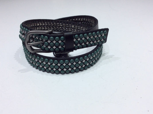 Belts-Medium Width Leather with Natural Green Stone and Silver Stud Embellishment