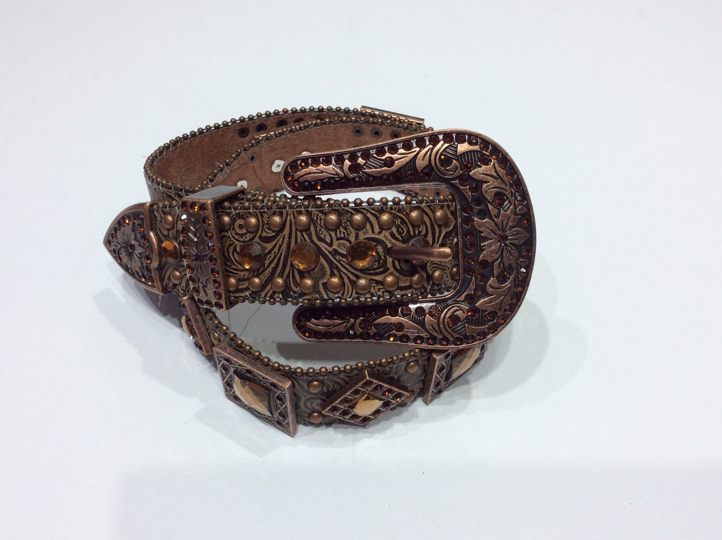 Belts-Wide Copper Leather Tooled Belt with Geometric Crystal Embellishment
