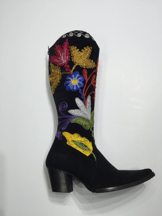 Specialty Cheyenne style brushed leather boot with Suzani shaft