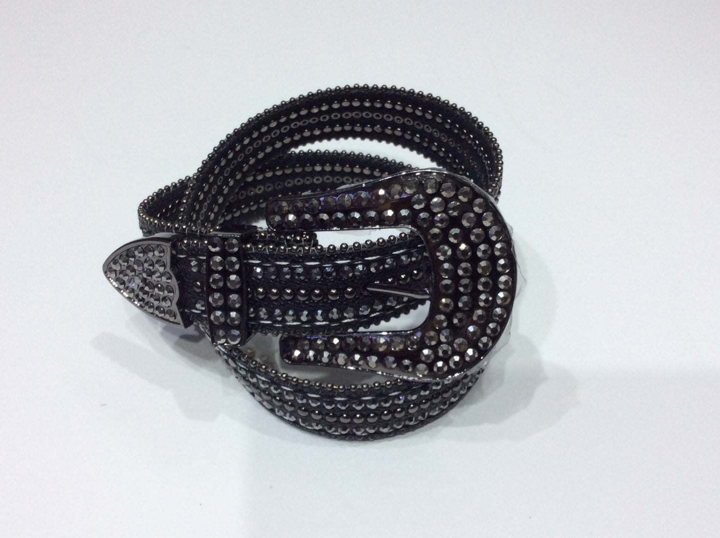 Belts-Wide Leather Belt with Crystal, Bead and Stud Embellishment