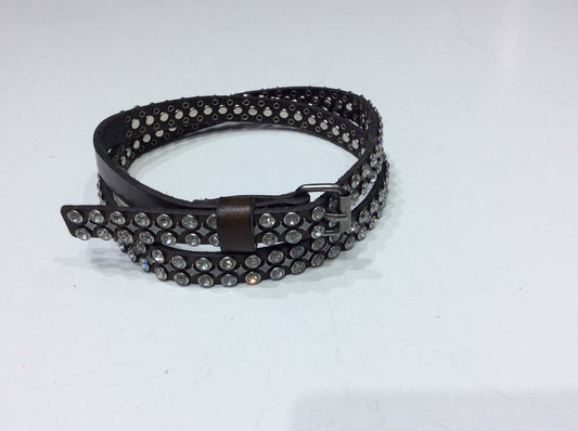 Belts-Narrow Width Brown Leather Belt with 2 Rows of Clear Crystals