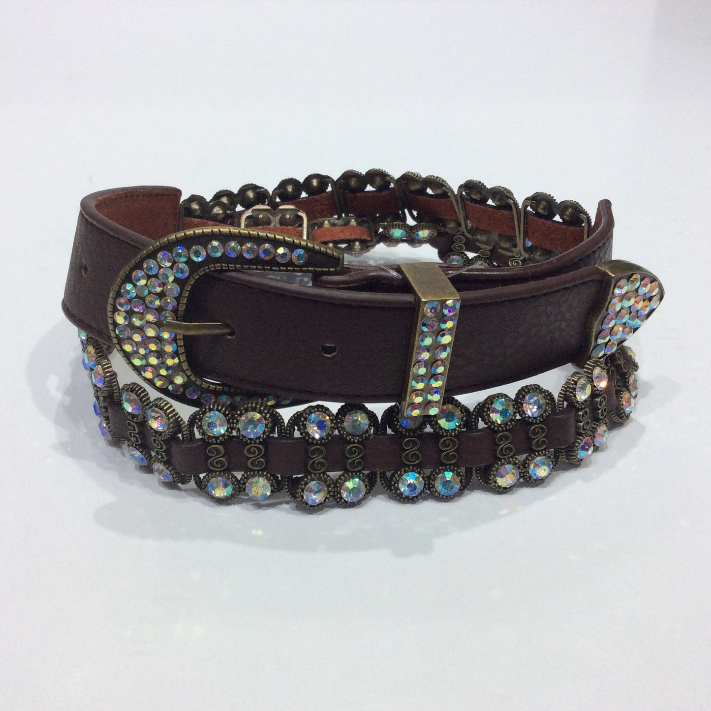 Belts-Wide Brown Leather with Crystal and Bronze Embellishments