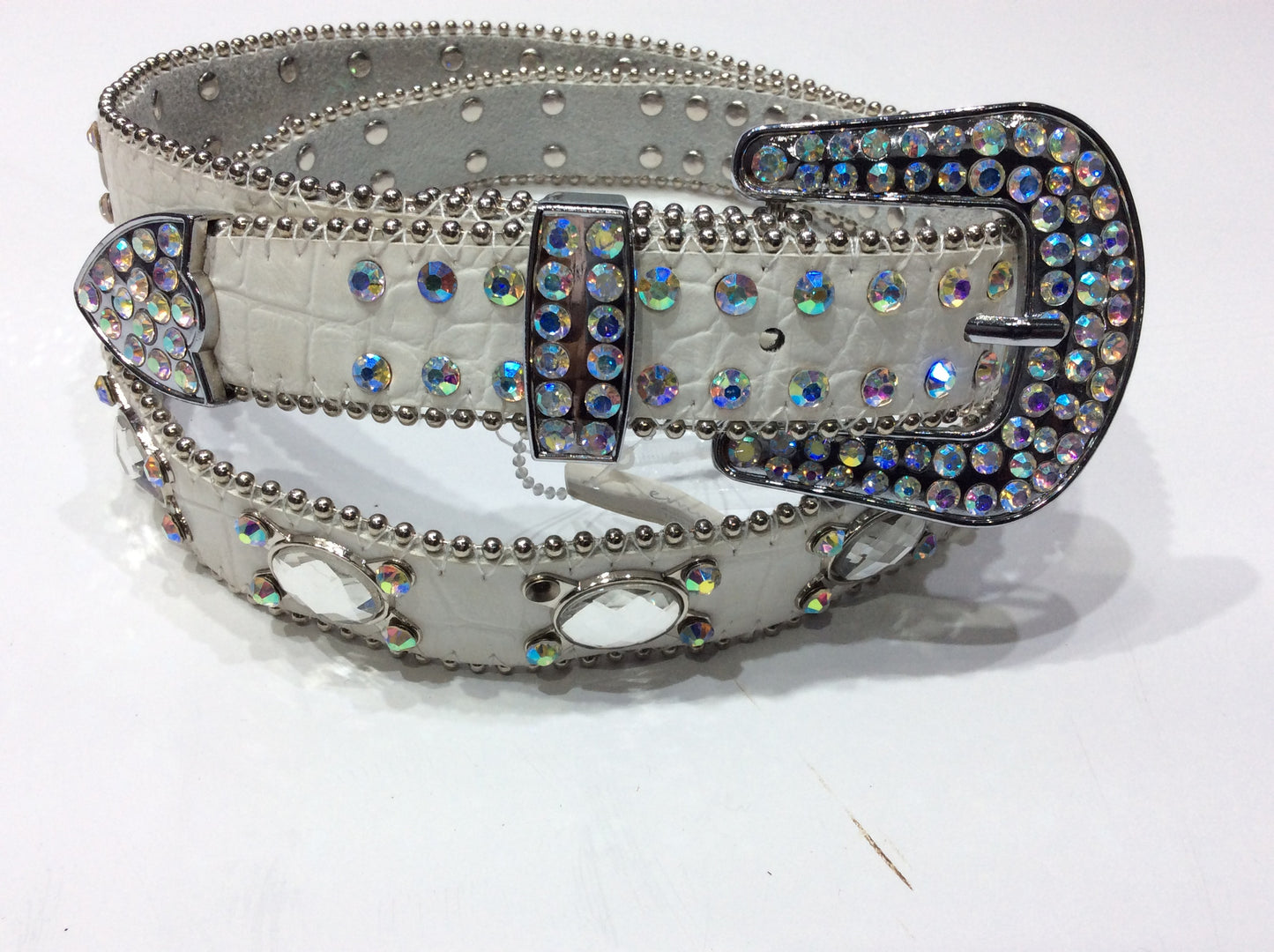 Belts-Medium Width White Leather Belt with Beautiful Crystal and Silver Bead Embellishment