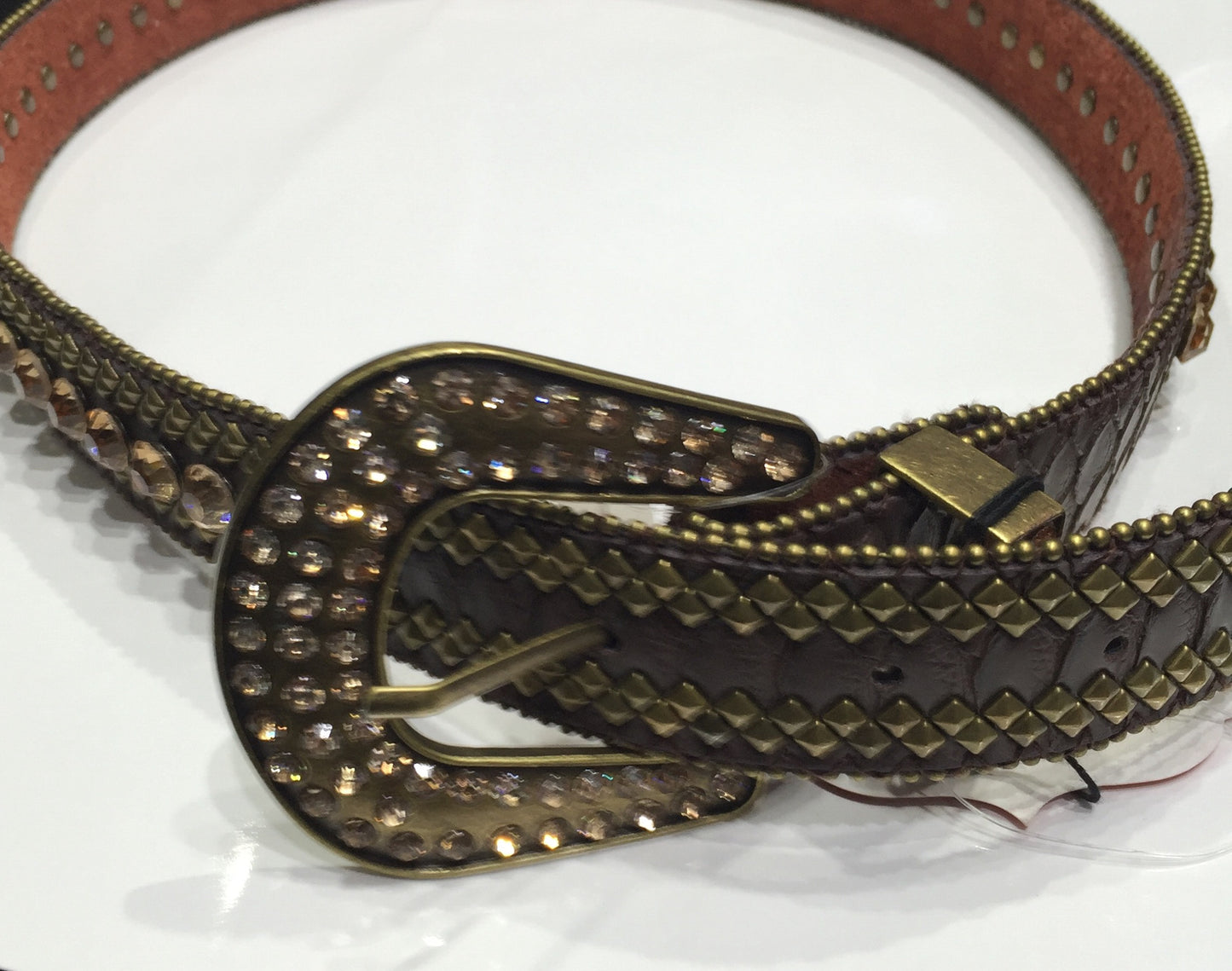 Belts-Wide Brown Leather with Large Round Bronze Crystal and Geometric Studs and Beading