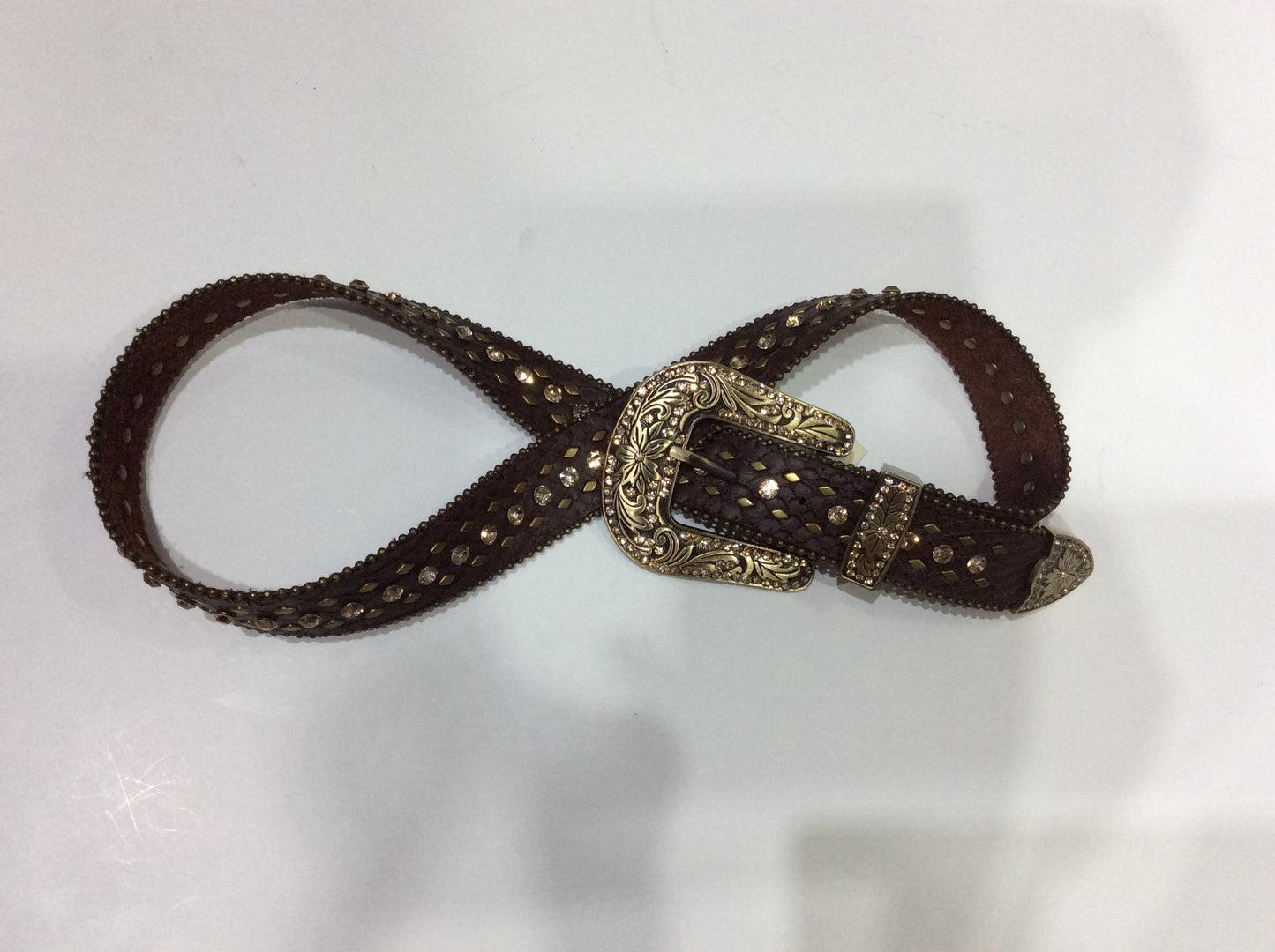 Belts-Wide Brown Leather with Bronze Crystal, Beading and Stud Embellishment