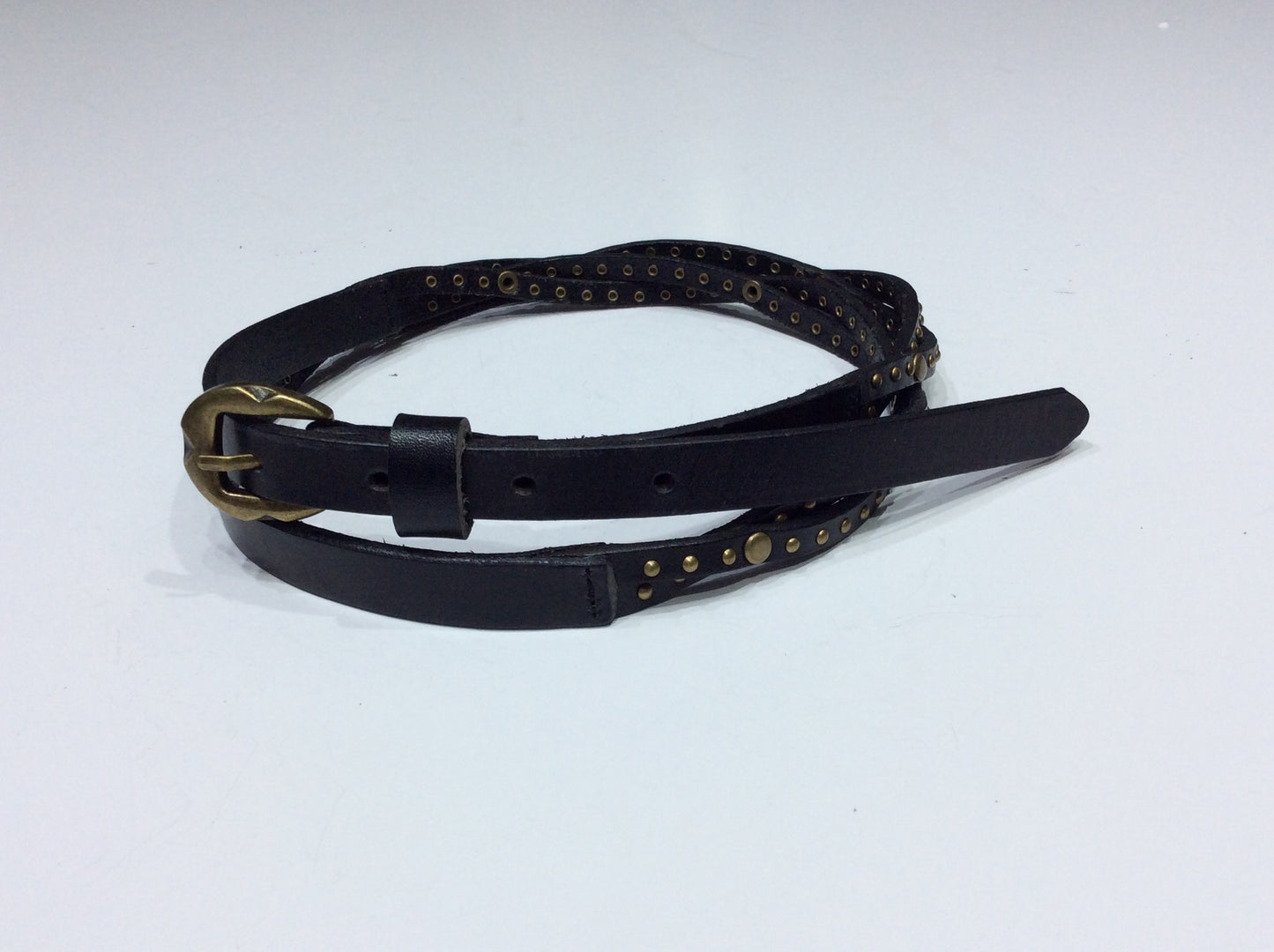 Belts-Narrow Width Black Leather Belt Braided with Bronze Embellishments