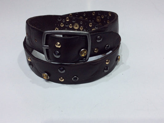Belts-Wide Black Leather with Amber and Black Crystals and Bronze and Silver Metal Embellishments
