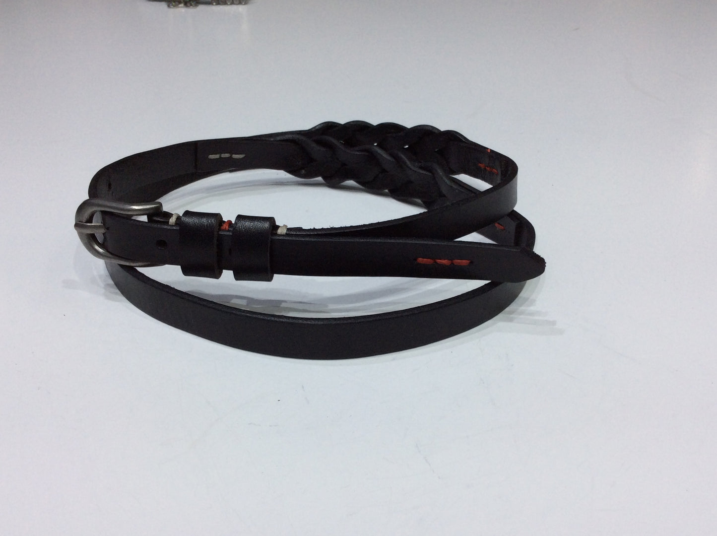 Belts-Narrow Width Black Leather Belt with a Bit of Braid