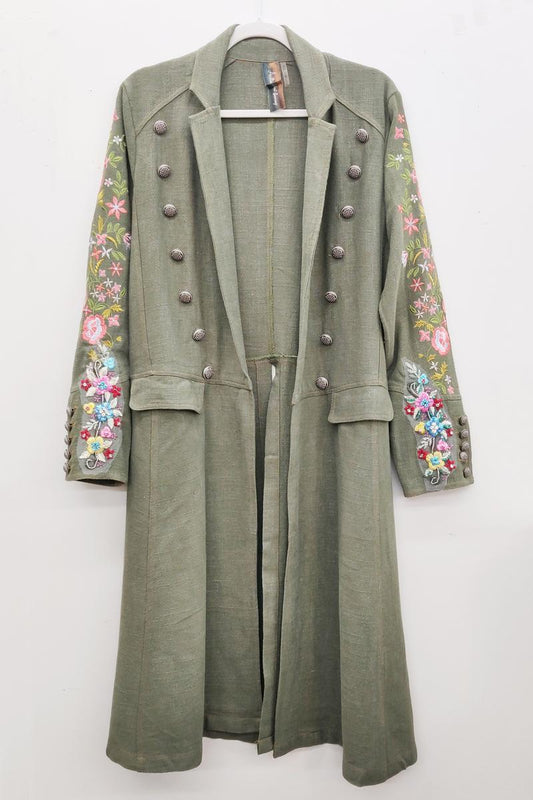 Long green coat with embelished sleeves